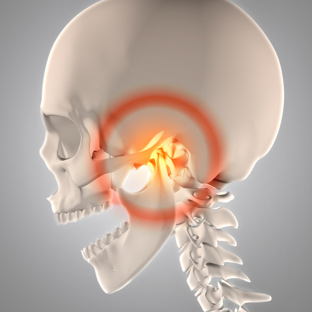 Ilustração médica da articulação temporomandibular (ATM) mostrando a estrutura e localização na mandíbula