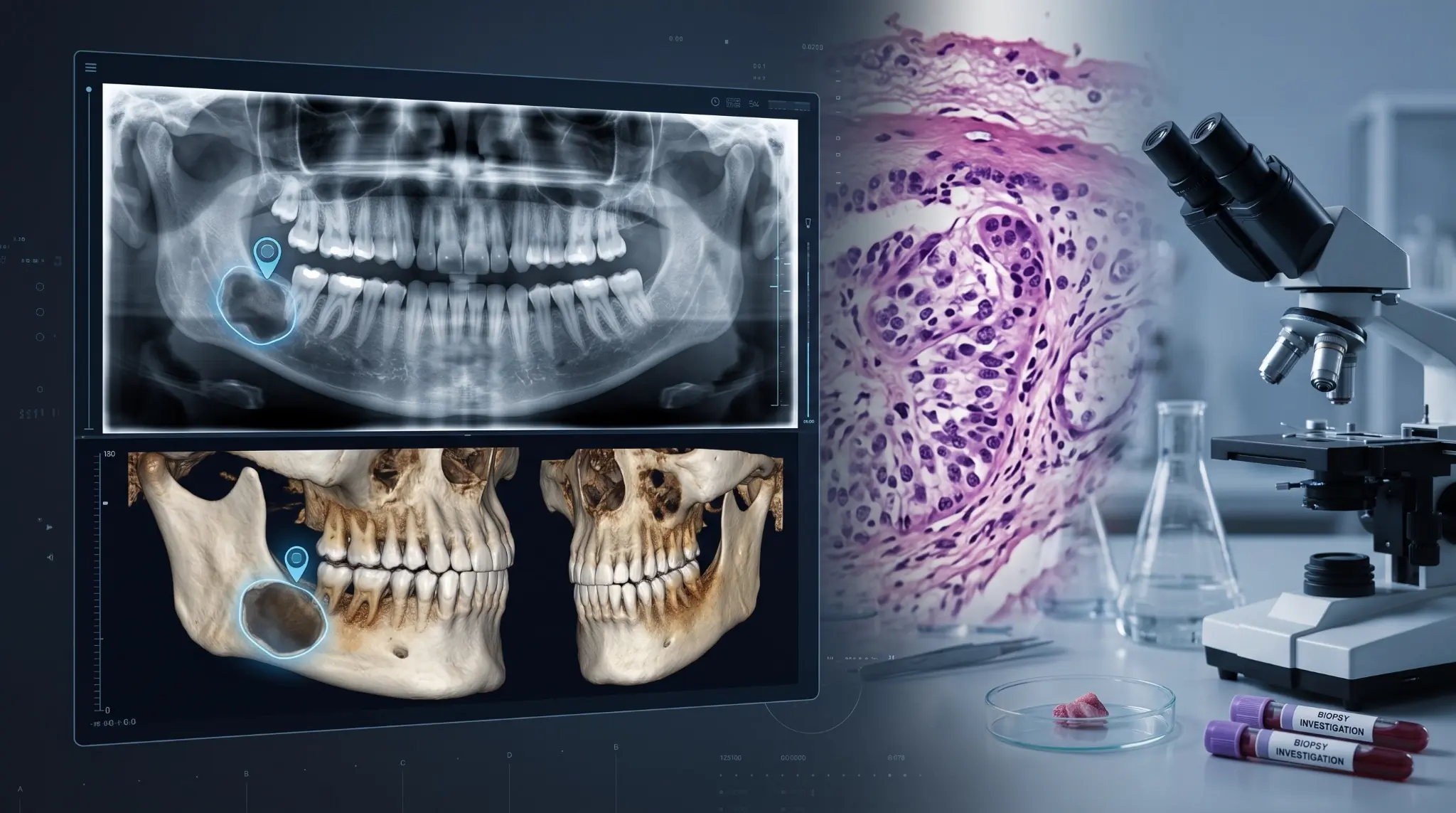 Patologia bucomaxilofacial — investigação de cistos, tumores e lesões dos maxilares.