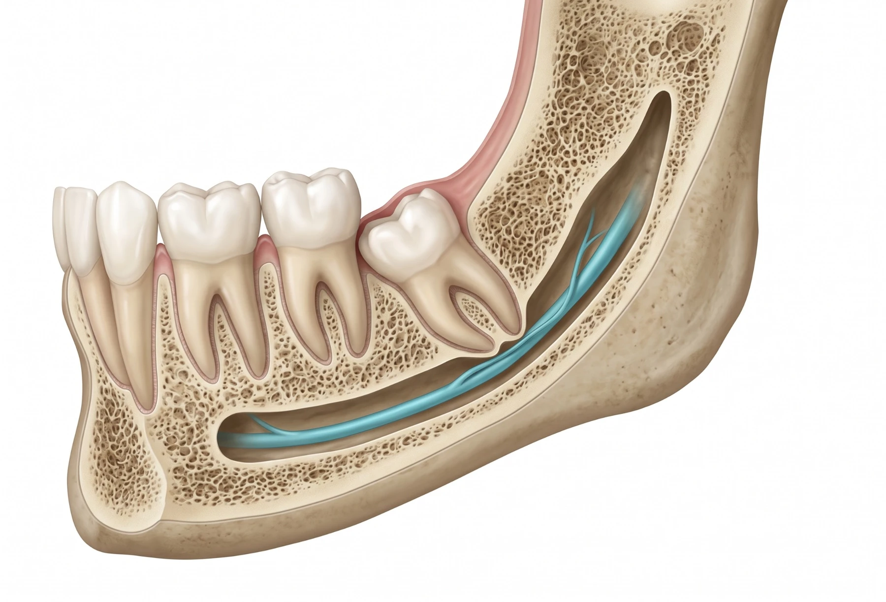 Ilustração anatômica do terceiro molar inferior e sua relação com o canal mandibular