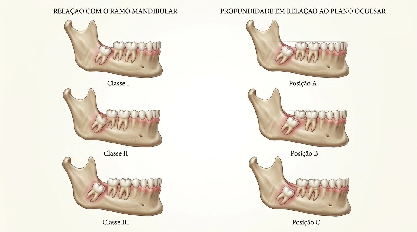 Classificação de Pell e Gregory para relação com o ramo mandibular e profundidade do terceiro molar
