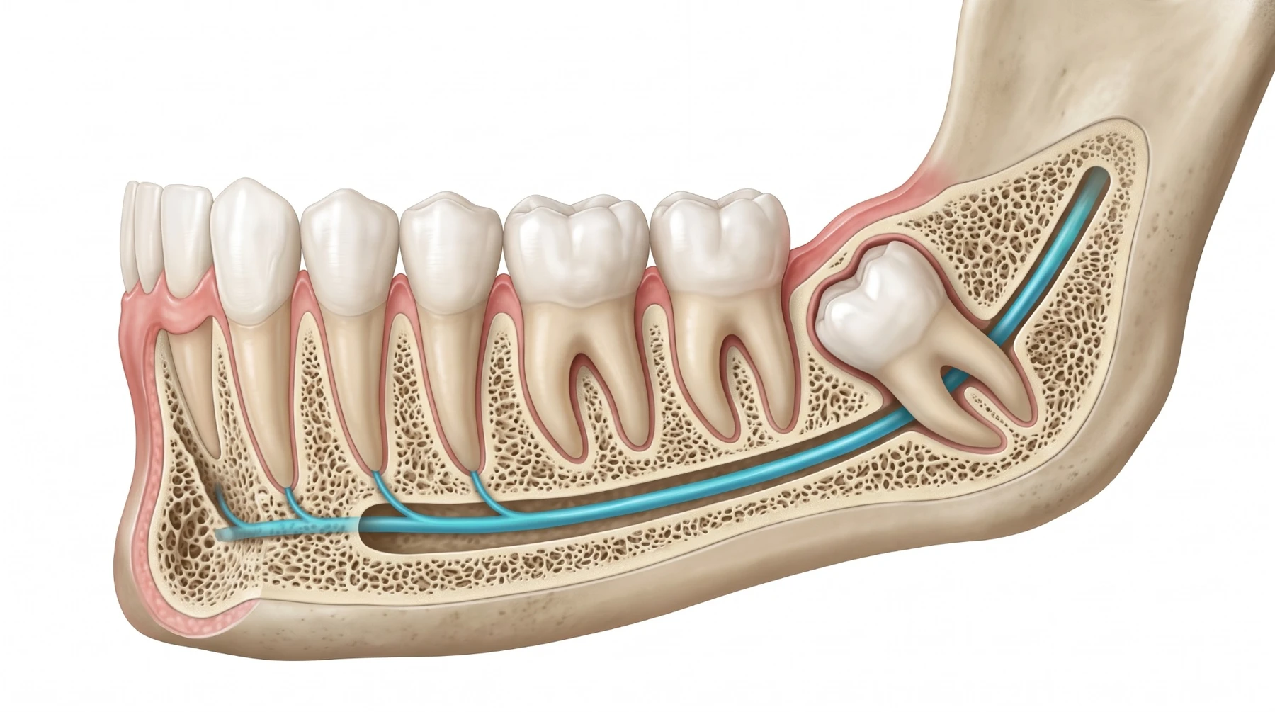 Ilustração anatômica de terceiro molar inferior totalmente incluso e sua relação com o canal mandibular