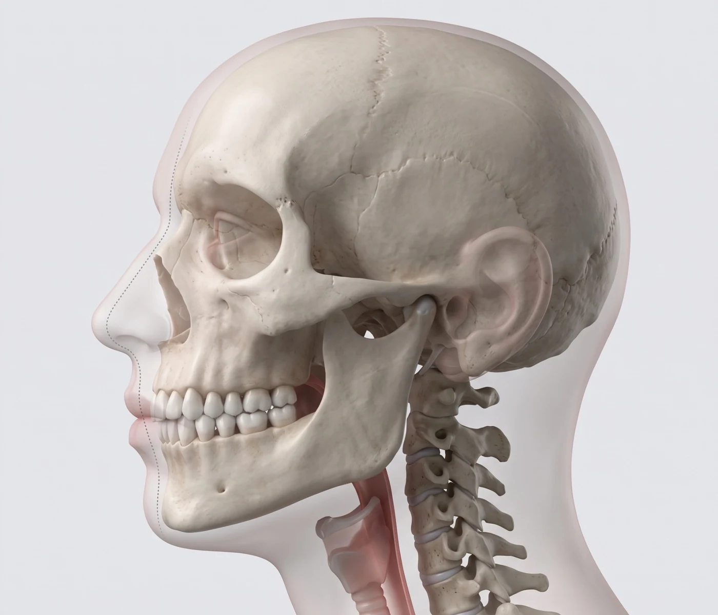 Ilustração anatômica em perfil das estruturas craniofaciais e relação entre maxila e mandíbula