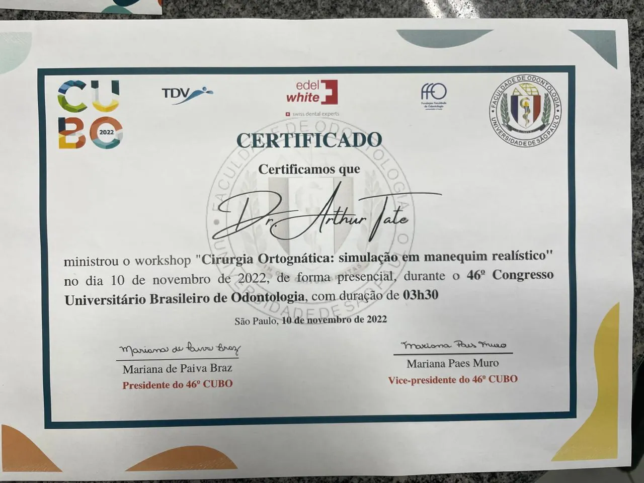 Certificado do workshop de Cirurgia Ortognática no 46º CUBO