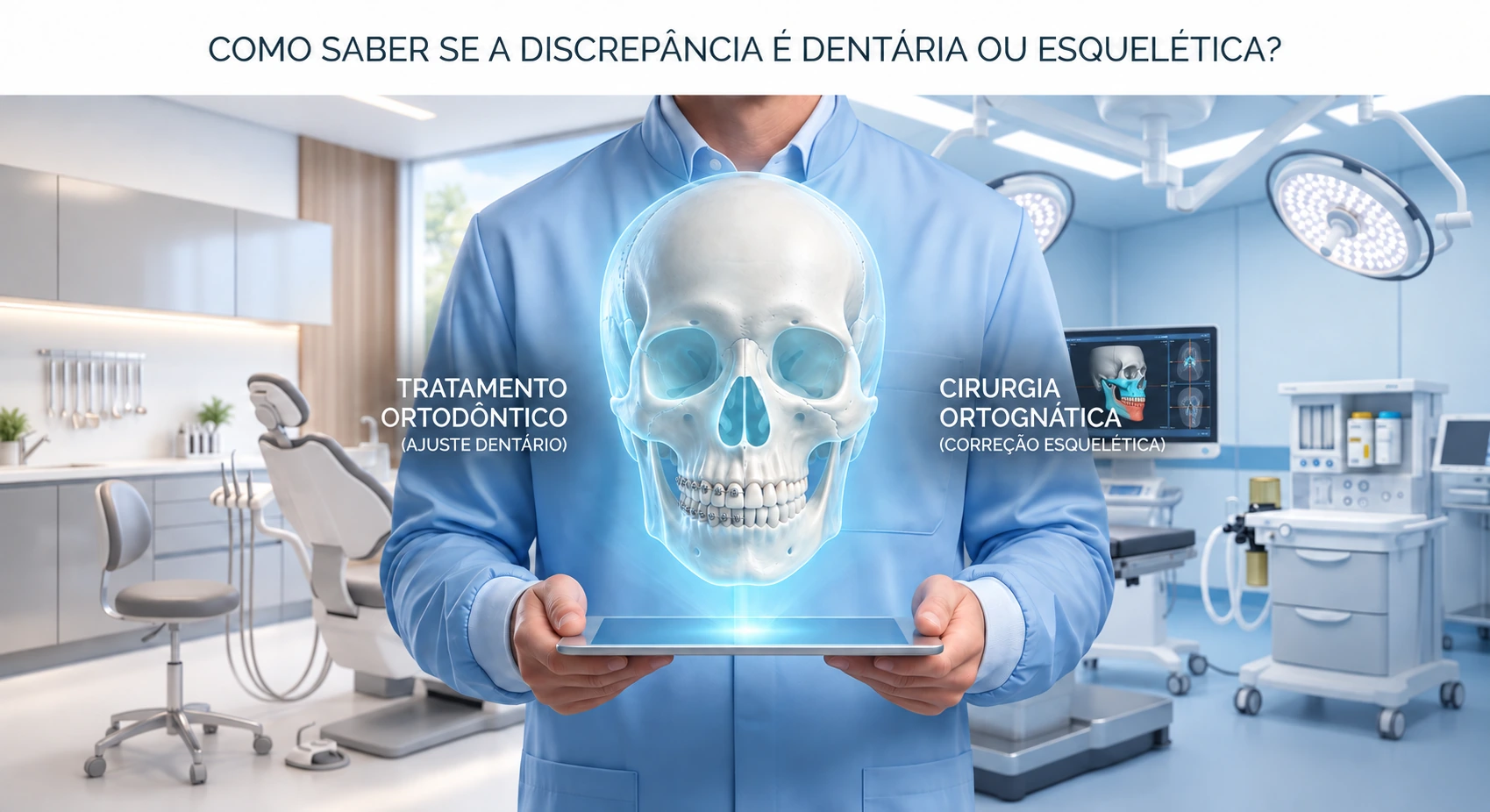 Diferença entre tratamento ortodôntico para ajuste dentário e cirurgia ortognática para correção esquelética.